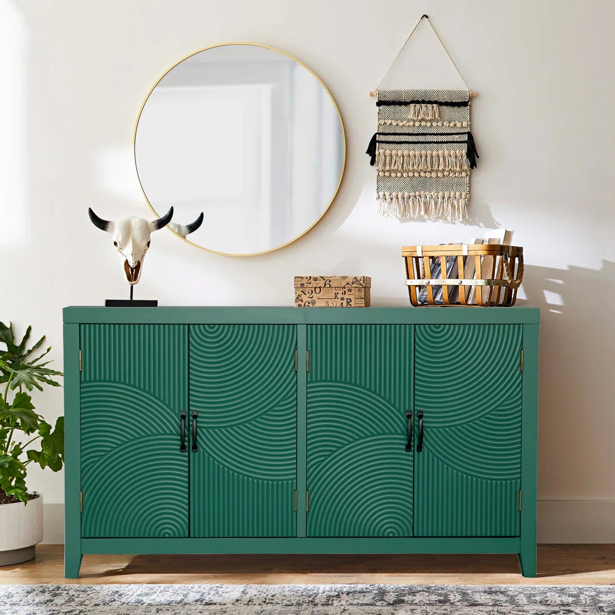 Mid Century Modern 4-Door Accent Cabinet with MDF & Fir Construction