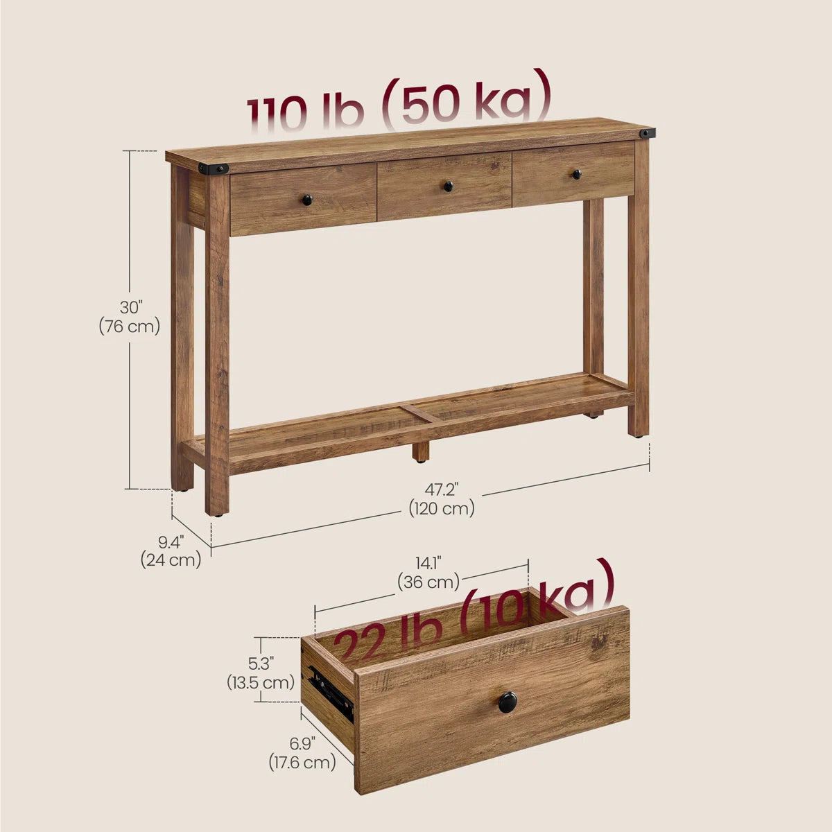 Sahai 47.2" Console Table with 3 Drawers