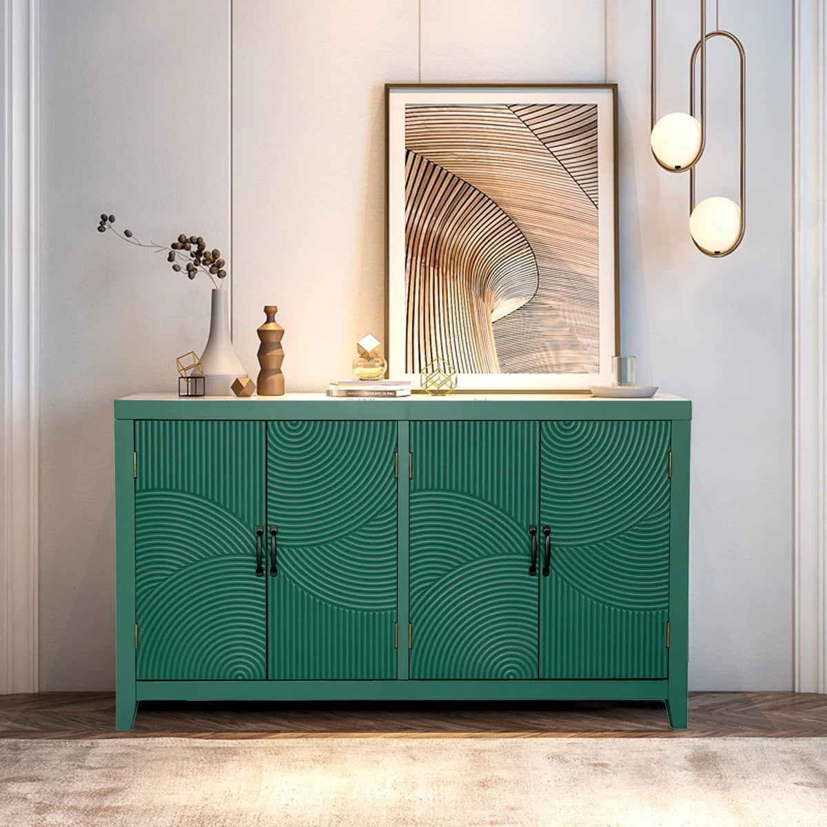 Mid Century Modern 4-Door Accent Cabinet with MDF & Fir Construction