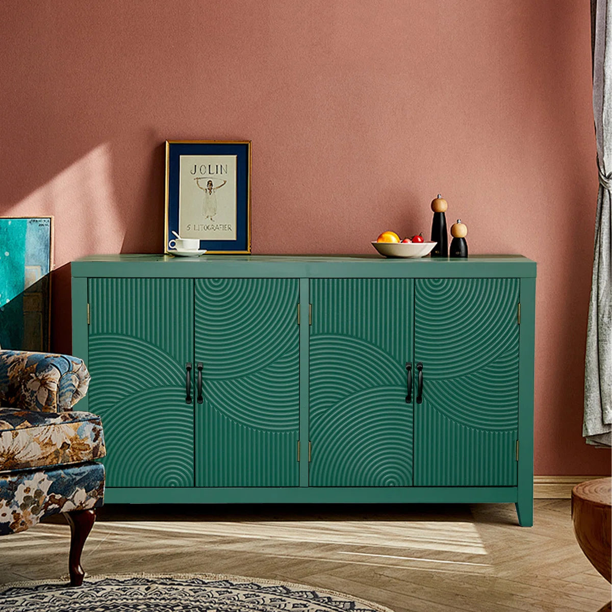 Mid Century Modern 4-Door Accent Cabinet with MDF & Fir Construction